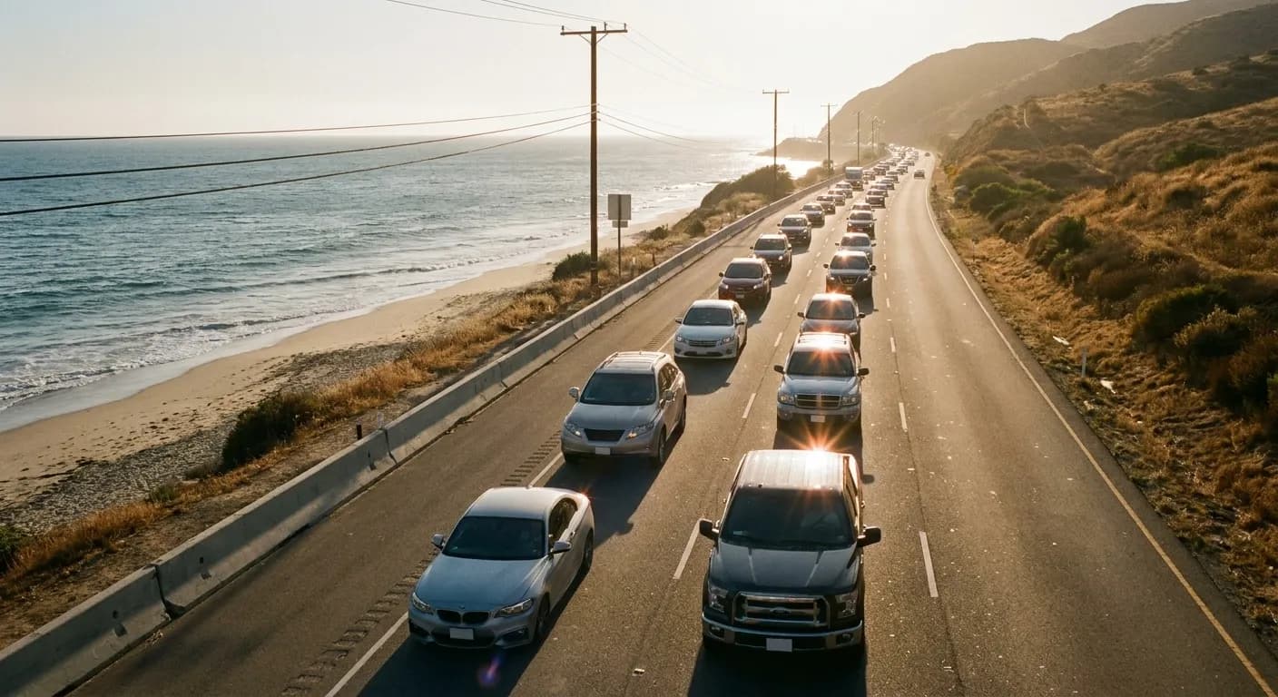 Slow late-afternoon traffic on a Los Angeles County coastal highway with the ocean visible past the guardrail