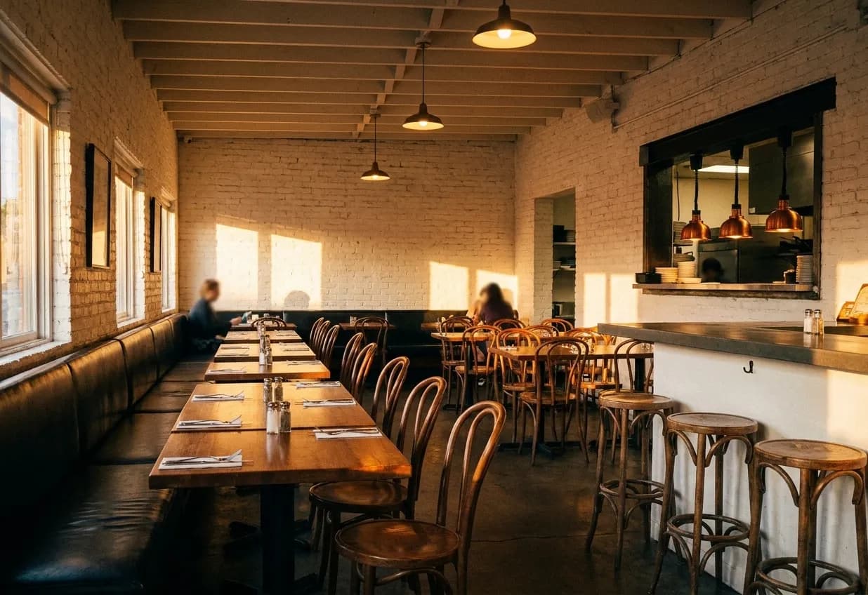 An early-evening Los Angeles dining room with a long banquette down one whitewashed brick wall, bentwood chairs at small tables, and warm lamps hanging over an open kitchen pass at the back