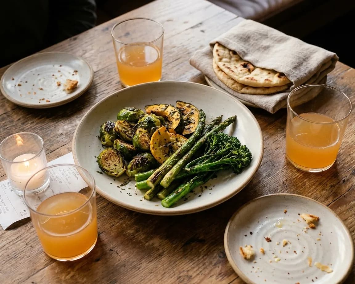 A shared restaurant table mid-meal, with a wide ceramic plate of charred vegetables, warm flatbread folded into a cloth, two glasses of orange wine and used side plates lit by a low candle