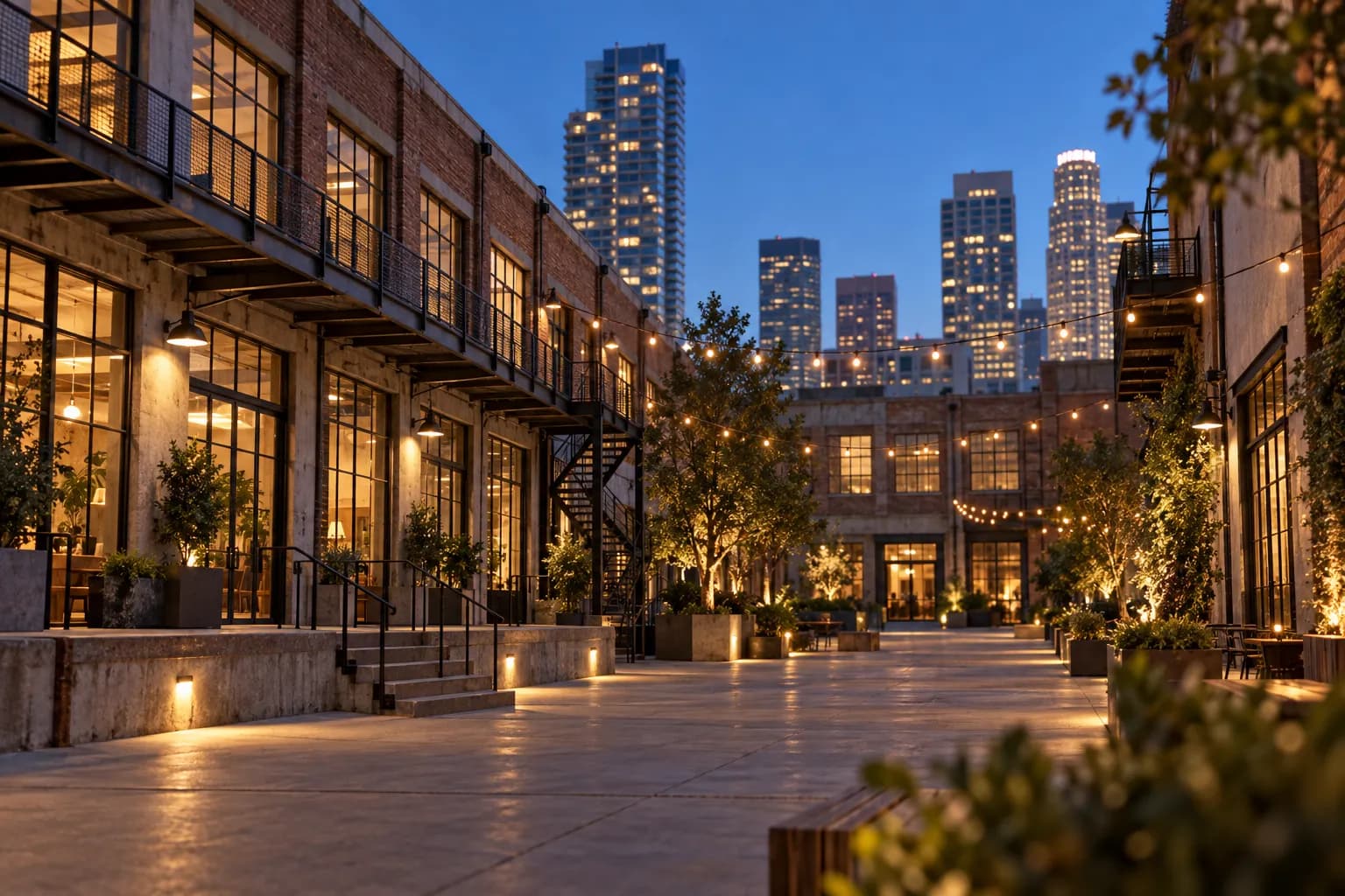 A converted industrial complex in downtown Los Angeles at dusk