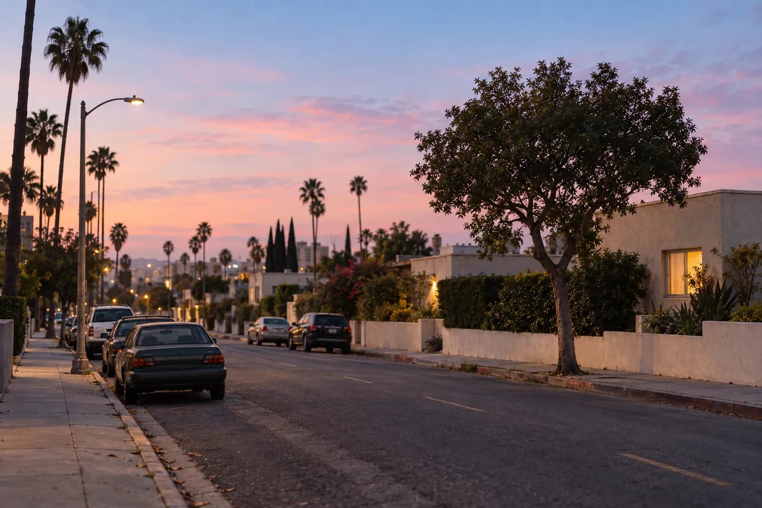 A quiet West Los Angeles residential street with low buildings at dusk