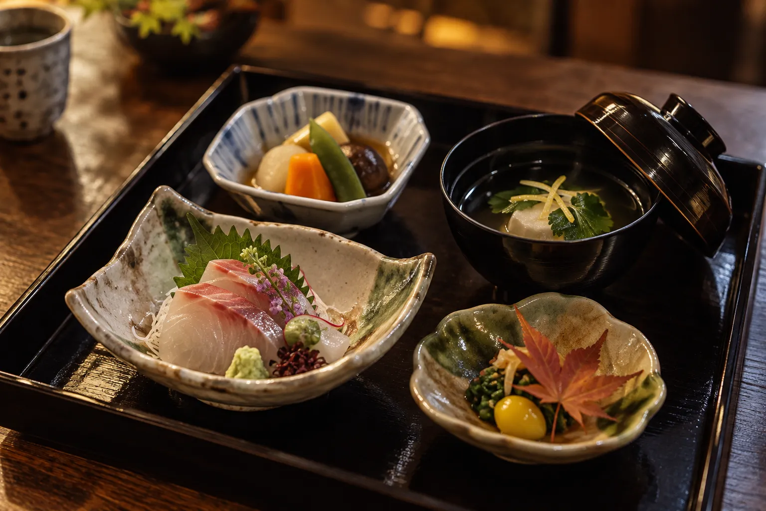 A lacquer tray holding several small seasonal Japanese courses