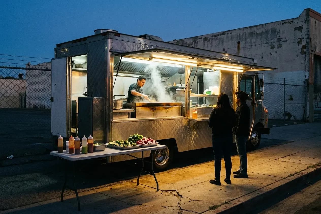 A food truck parked on a Los Angeles side street at dusk, its stainless serving hatch throwing bright light onto the sidewalk beside a folding table of squeeze bottles, limes and radishes
