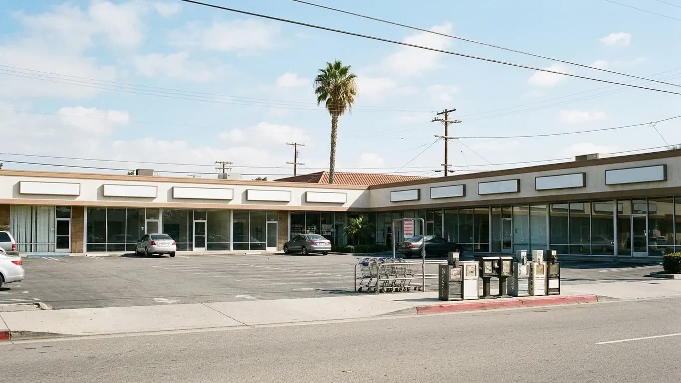 A Southern California strip mall in flat late-morning light, a low L-shaped row of storefronts with blank sign panels facing a wide asphalt lot with a tall palm behind the roofline