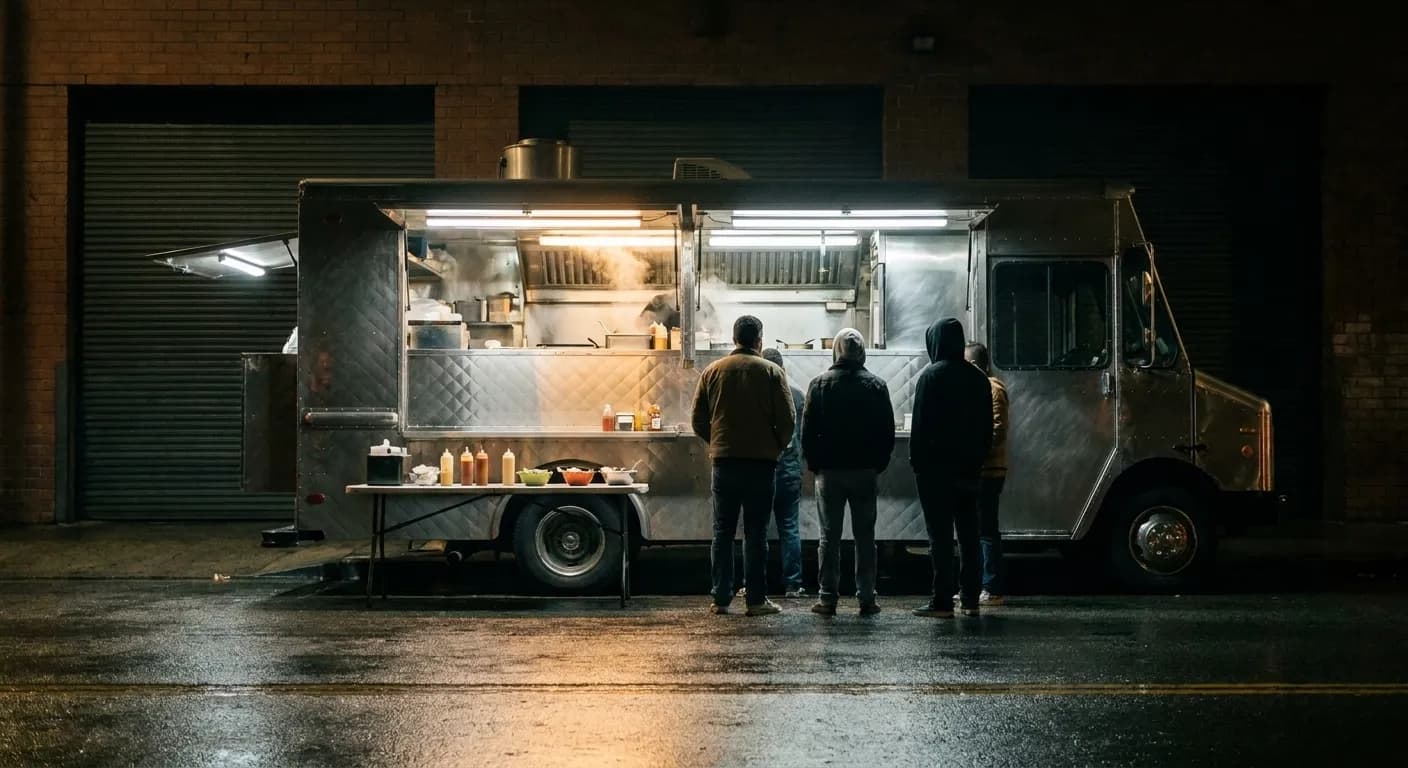 A steel taco truck with its hatch open and strip lights blazing at a Los Angeles kerb near midnight, a small queue waiting on wet asphalt
