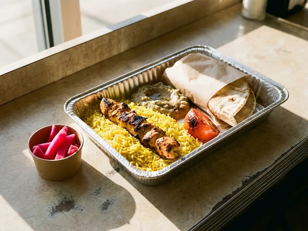 A takeout tray on a formica counter holding saffron-tinged rice with a charred skewer across it, smoky aubergine dip, grilled tomato, warm flatbread in butcher paper and a cup of pickled turnip