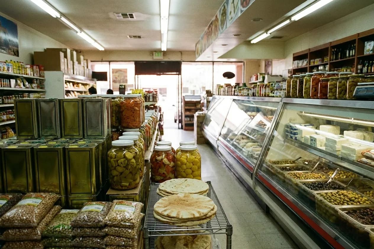 The inside of a family-run Middle Eastern grocery, with shelves of olive oil tins and preserves stacked to head height, a chilled case of feta and olives, and a rack of flatbread cooling near the door