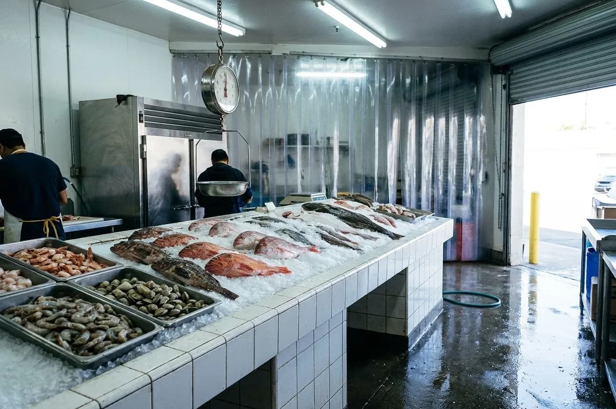 A working fish counter in Los Angeles at mid-morning, whole fish laid out on crushed ice beside trays of shrimp and clams under a hanging scale, with strip curtains and a hose-washed floor