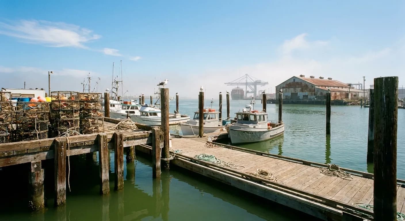 A Southern California working harbour in early afternoon, small fishing boats tied along a timber dock with stacked traps and coiled line, gulls on the pilings and a container crane in the background haze