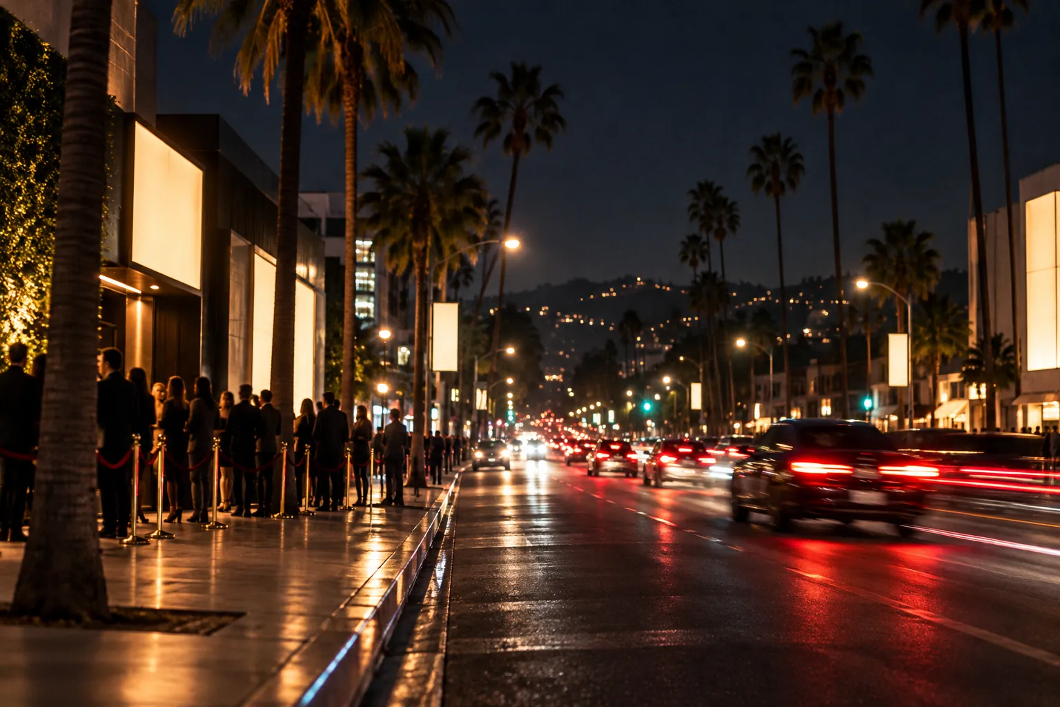 A wide boulevard in Hollywood at night with lit facades and palm trees