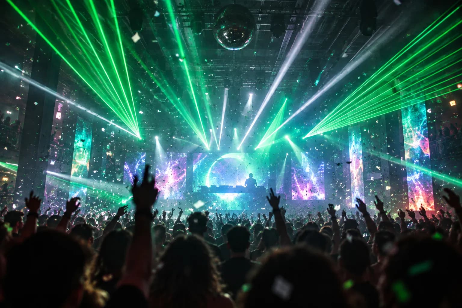 A large dark club room with lasers and a raised DJ booth