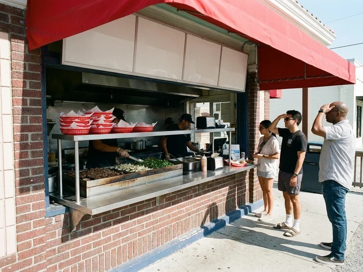 A Los Angeles taco stand counter under a red awning with a plancha behind it and three people waiting in midday sun
