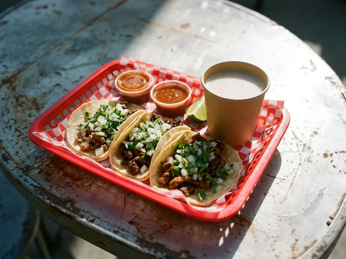 A plastic basket of three tacos with salsa, lime and a paper cup of horchata on a metal outdoor table in the sun