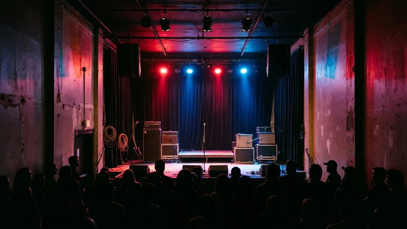 The stage of a mid-sized Los Angeles music venue between sets, amps and mic stands under red and blue wash light above a dark crowd
