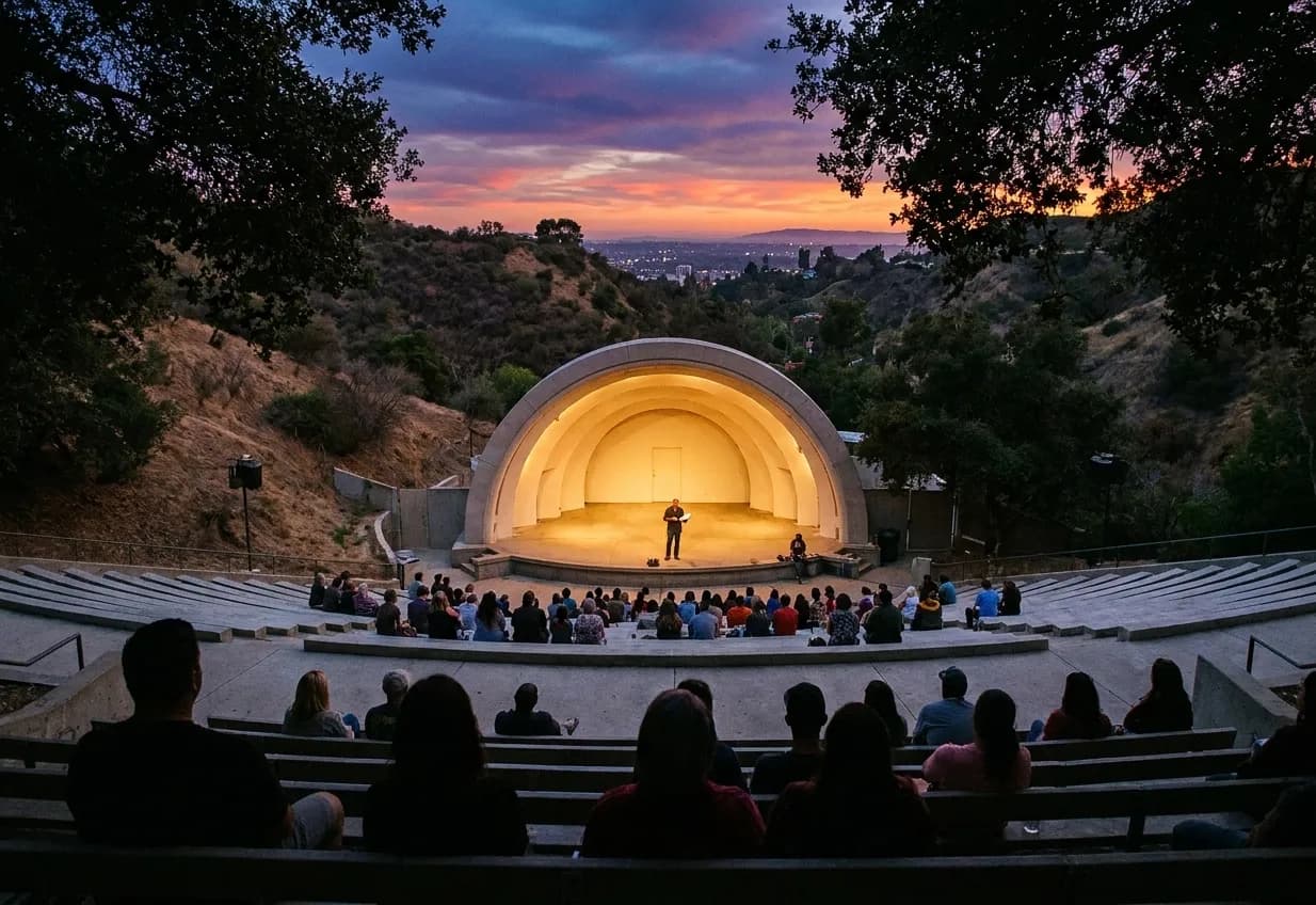 An outdoor amphitheatre in the Los Angeles hills at dusk, tiered seating curving down to a lit stage shell under an orange and violet sky