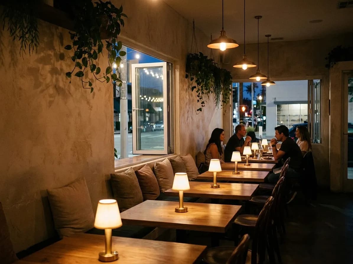 A small Los Angeles dining room at night with low warm lamps, a banquette along a plastered wall and hanging plants by an open window