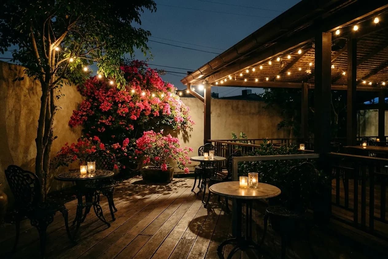 A walled Los Angeles back patio after sunset with string lights, candlelit tables and bougainvillea on the wall