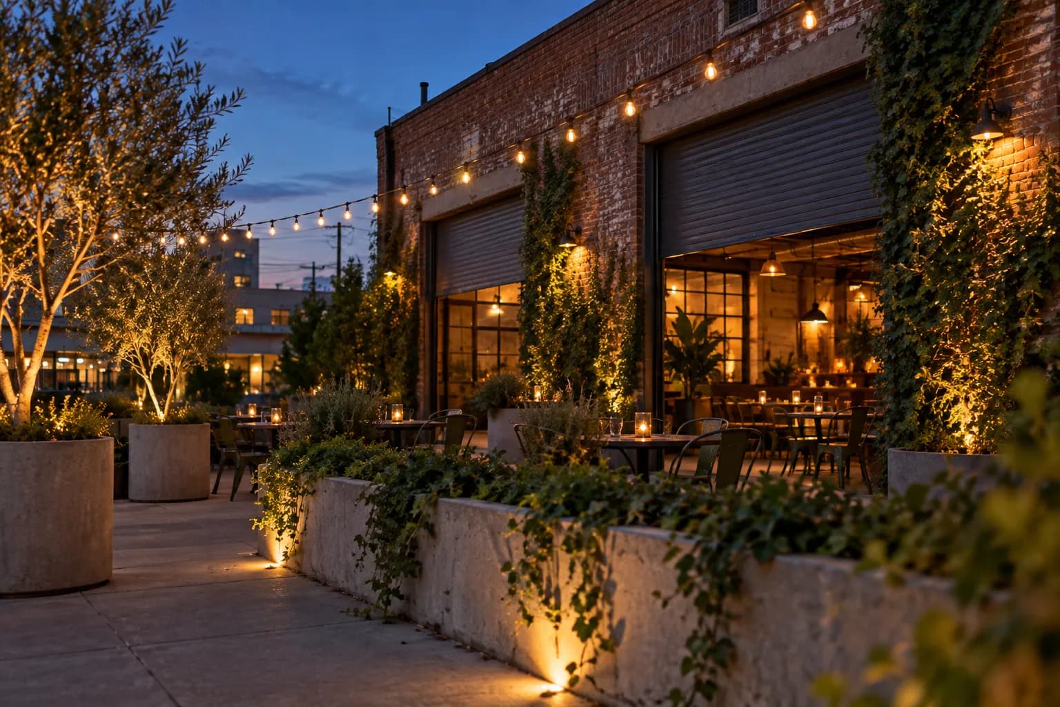 An Arts District warehouse exterior with a planted patio at dusk