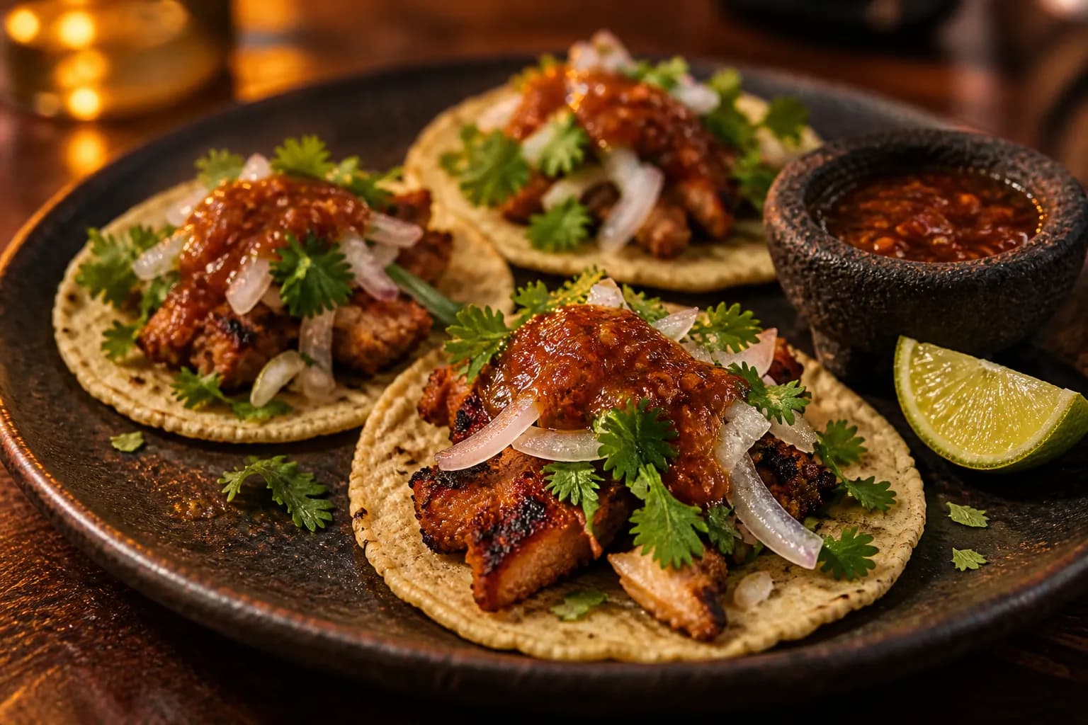 A plate of tacos with fresh tortillas and a dish of salsa