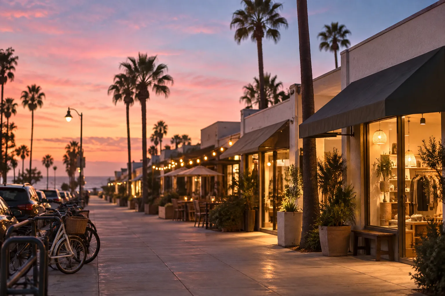 A Venice, California boulevard at dusk with low shopfronts and palms