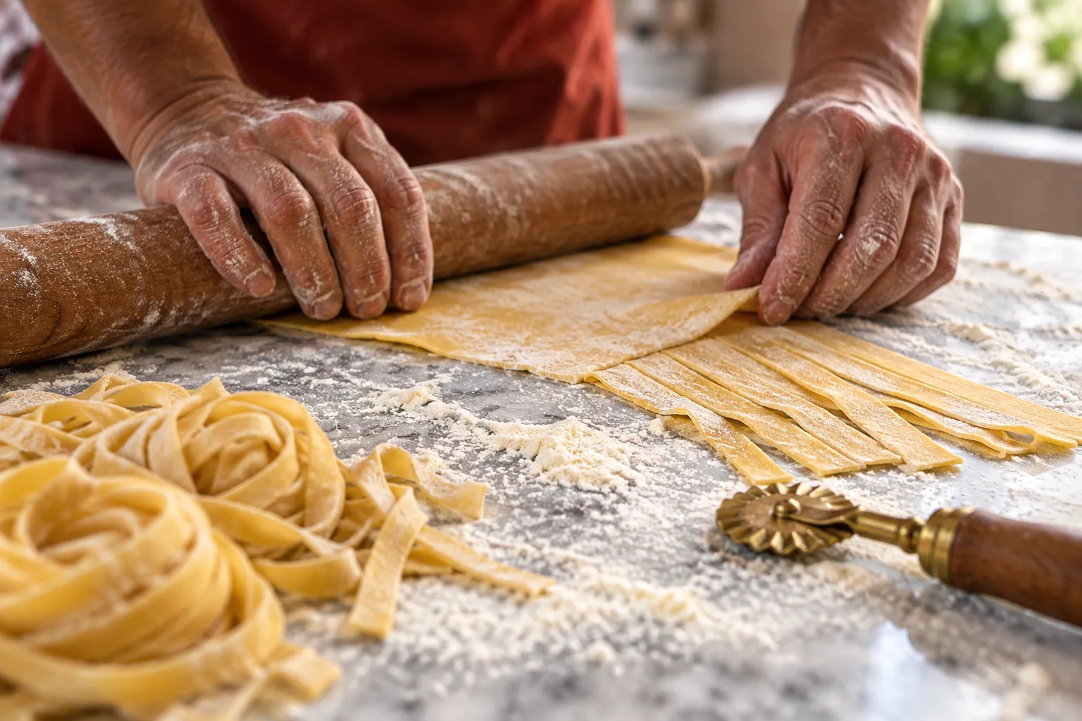 Hands shaping fresh pasta on a wooden board behind glass