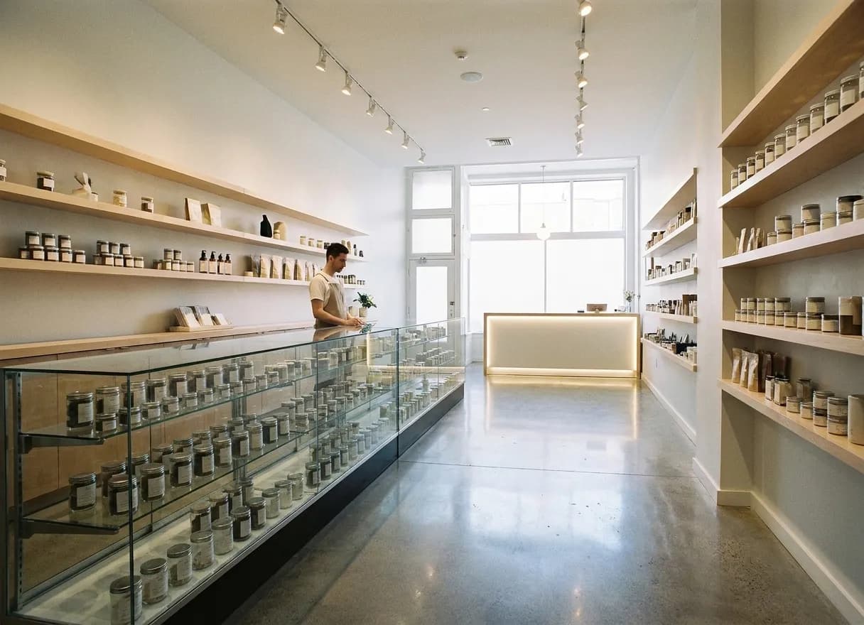 A clean retail interior with glass display cases of small unlabelled containers, pale wood shelving above and a staff member behind the counter