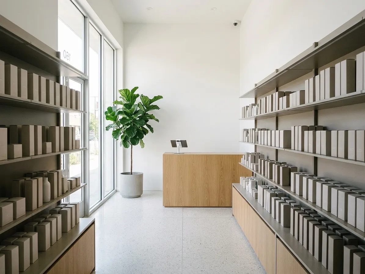 The inside of a small modern Los Angeles retail shop with a terrazzo floor, two glass display cases of plain matte packaging, a light oak counter with a tablet stand and a potted fig by the window