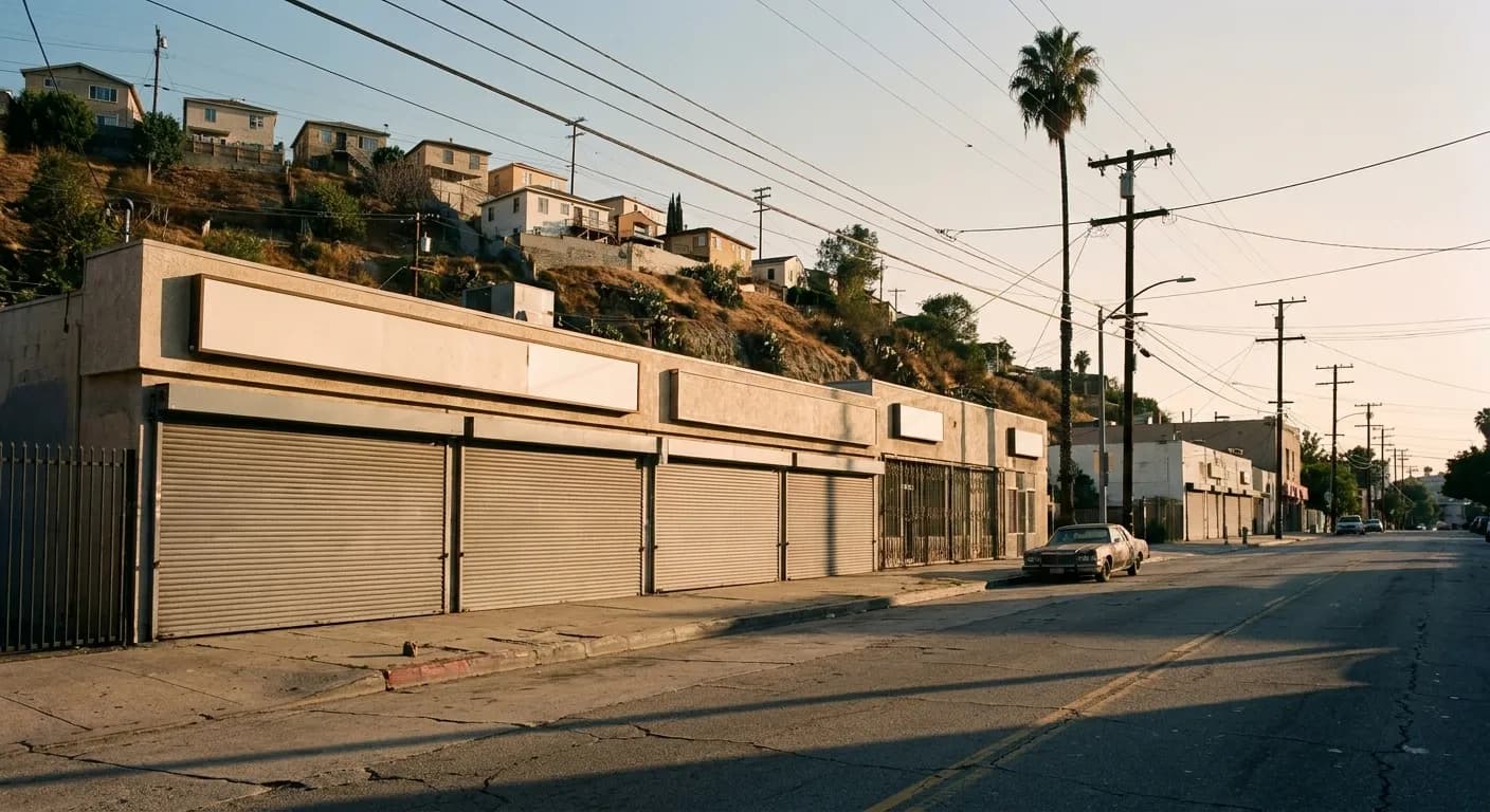 A street of single-storey Echo Park storefronts in late afternoon, roll-down gates and blank sign bands beneath a steep hillside of small houses, with power lines and a palm against a pale sky