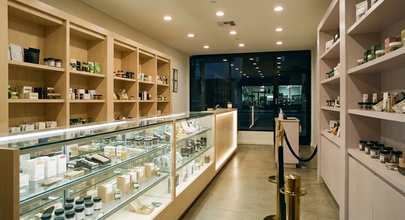 A licensed Los Angeles cannabis shop in the evening with a long glass display case, a check-in desk by the door and night outside the window