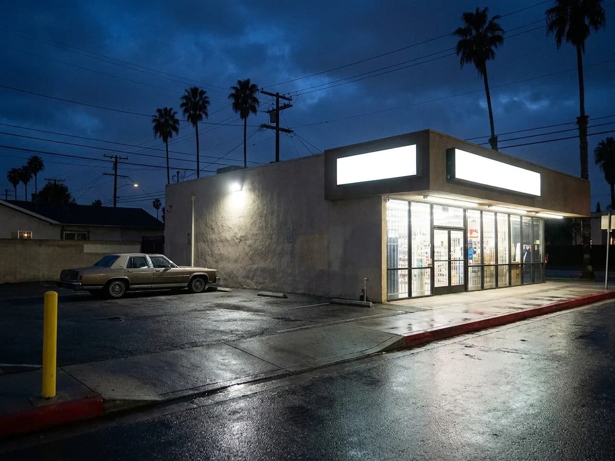 A single-storey lit Los Angeles retail unit at night with a blank sign box, a small parking apron and palms against a deep blue sky