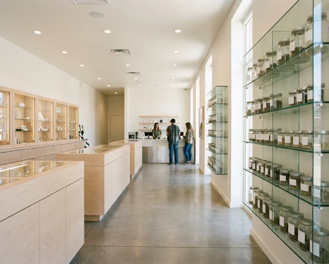 A bright modern Los Angeles retail interior with pale wood display cases, glass shelving and a staffed counter at the back