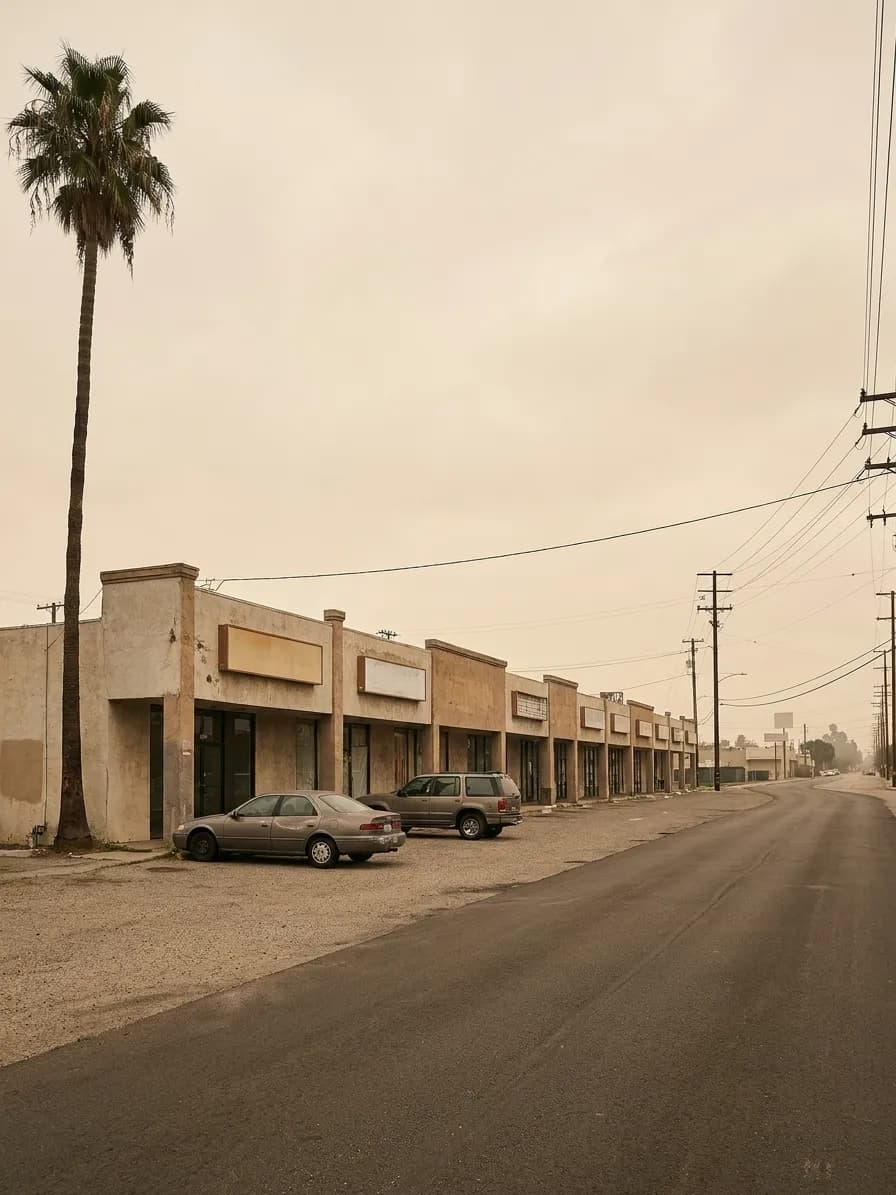 A row of single-storey commercial units with blank sign panels along a Los Angeles boulevard in flat afternoon light
