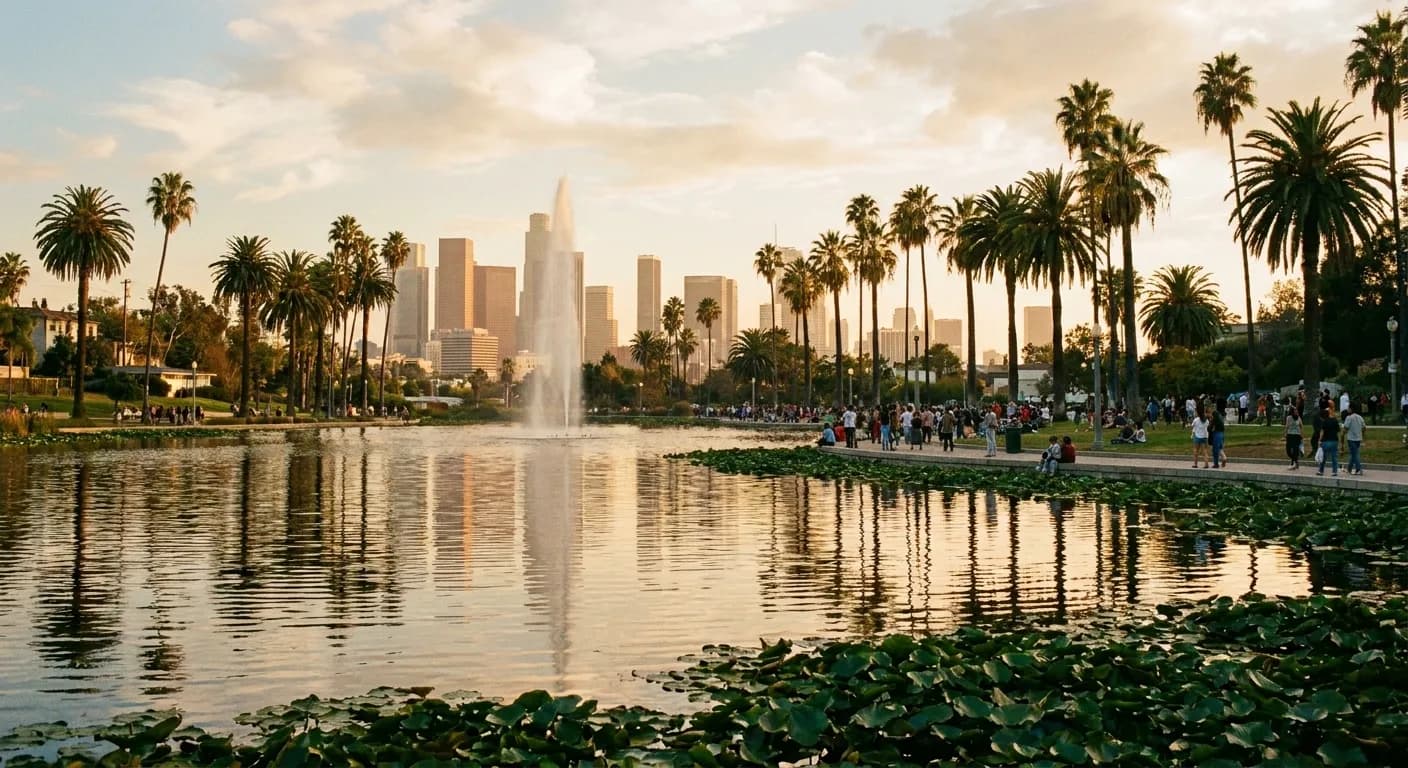 Echo Park Lake in Los Angeles on a warm late afternoon, lotus pads along the near edge and a fountain plume at the centre, with palms and the downtown skyline rising behind in golden haze