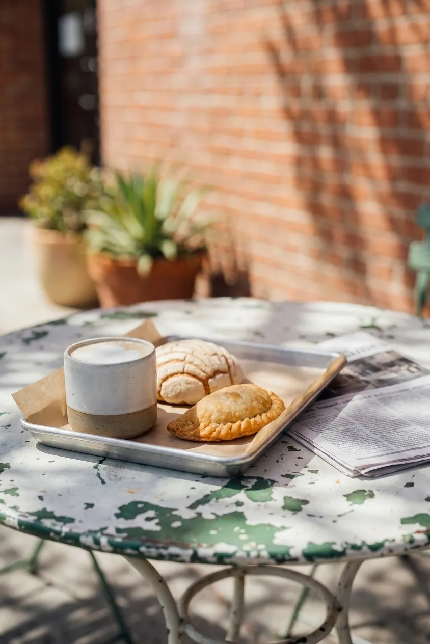 A morning table outside a Los Angeles bakery with a flat white in a heavy ceramic cup beside a concha and an empanada on a paper-lined tray, in dappled jacaranda shade