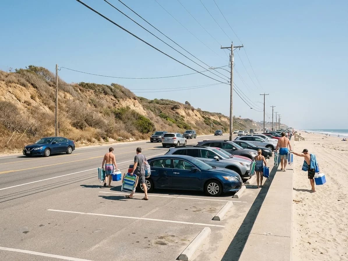 A half-full beach parking strip beside a coast road with people crossing a low concrete wall carrying chairs and coolers