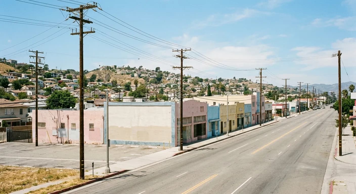 A wide Los Angeles boulevard of single-storey pastel shopfronts at midday, with hillside houses rising behind the roofline