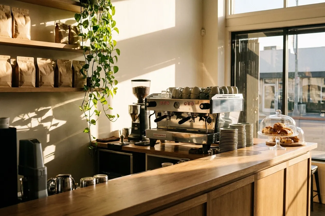 A small Los Angeles café counter in morning light with a chrome espresso machine, stacked ceramic cups and a glass dome of pastries