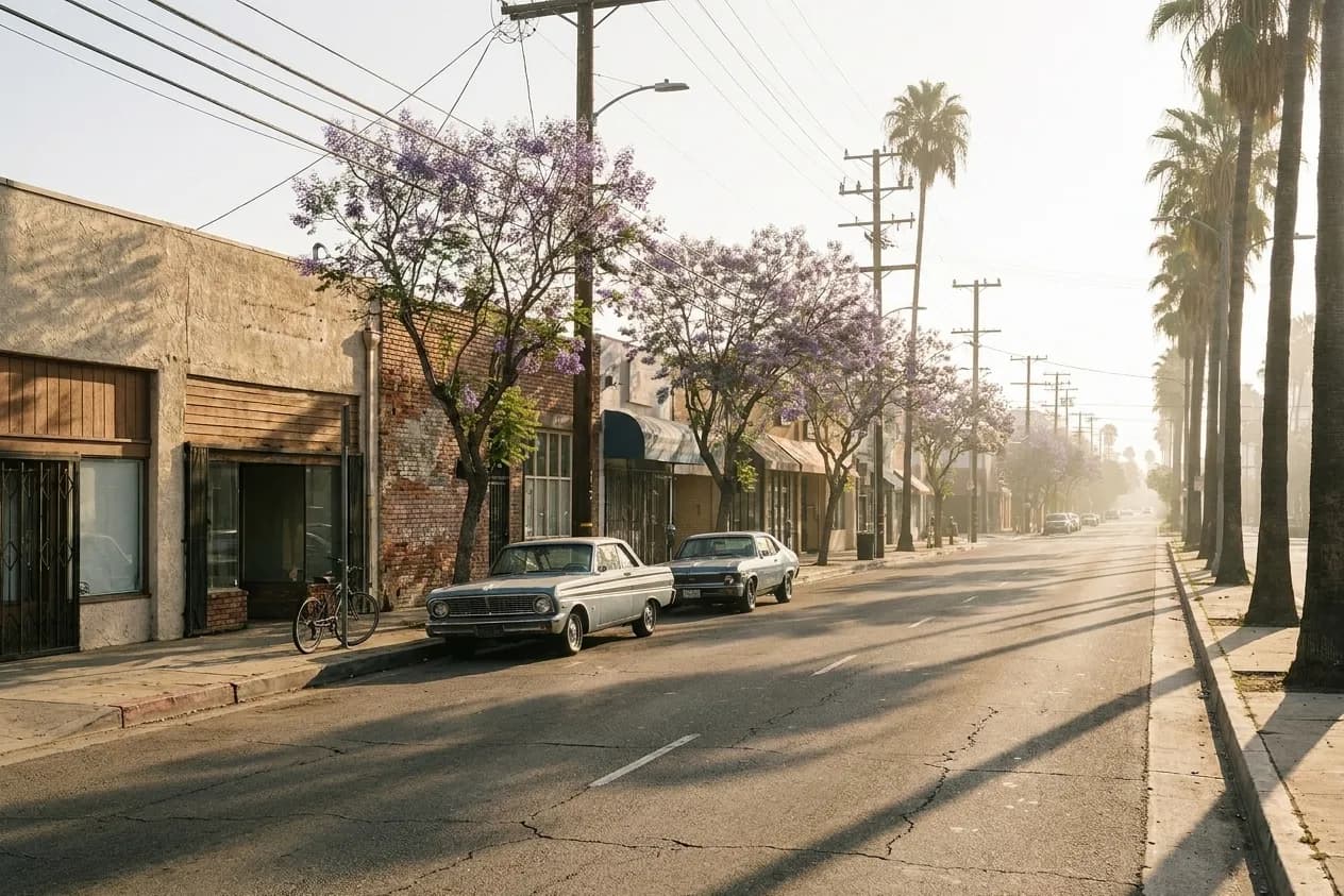 A rising Los Angeles neighbourhood street of low shopfronts with jacaranda and palms along the kerb and power lines overhead