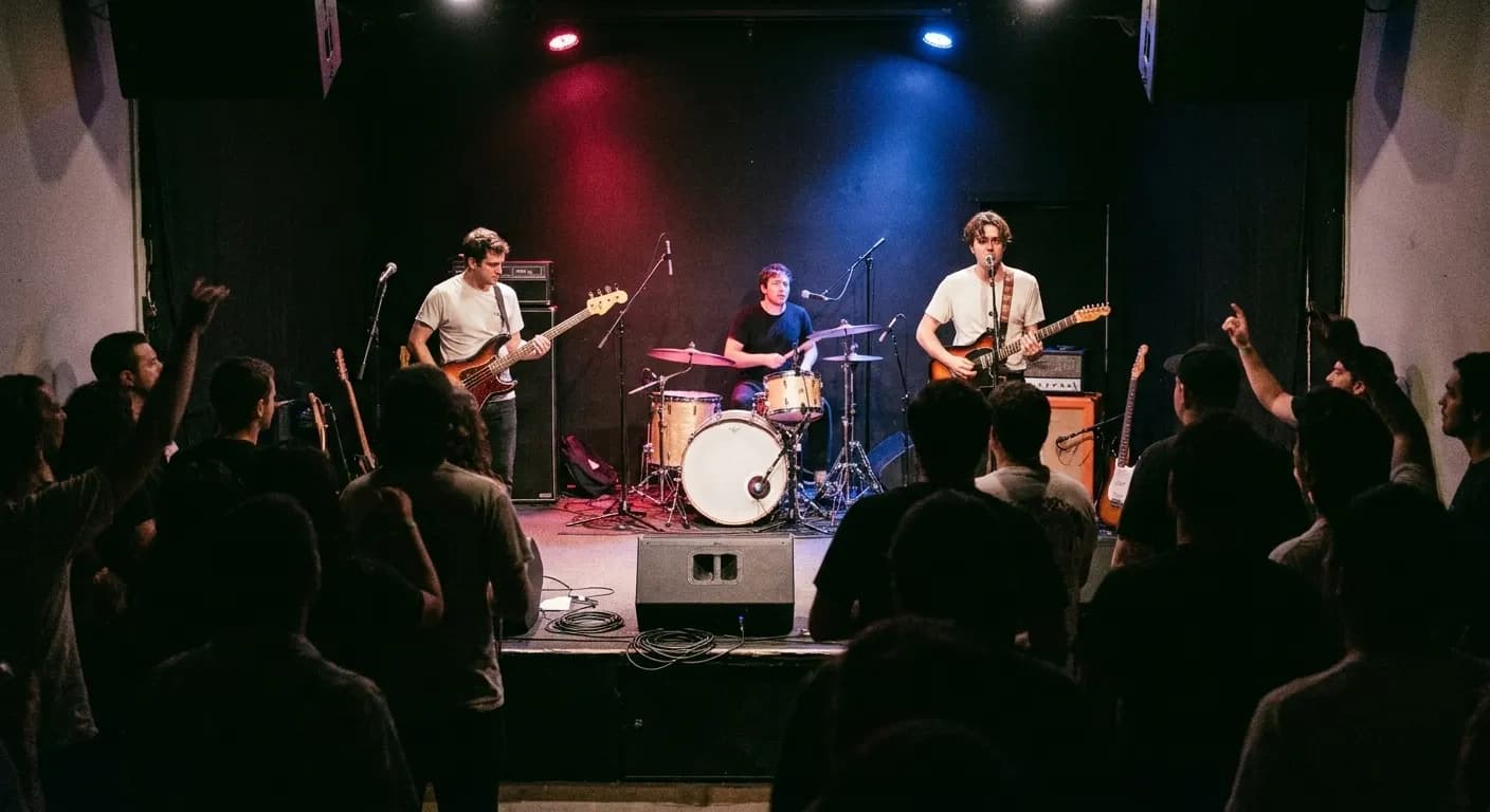 A low club stage with a four-piece band under two coloured washes and a white front light, seen over the heads of a close crowd