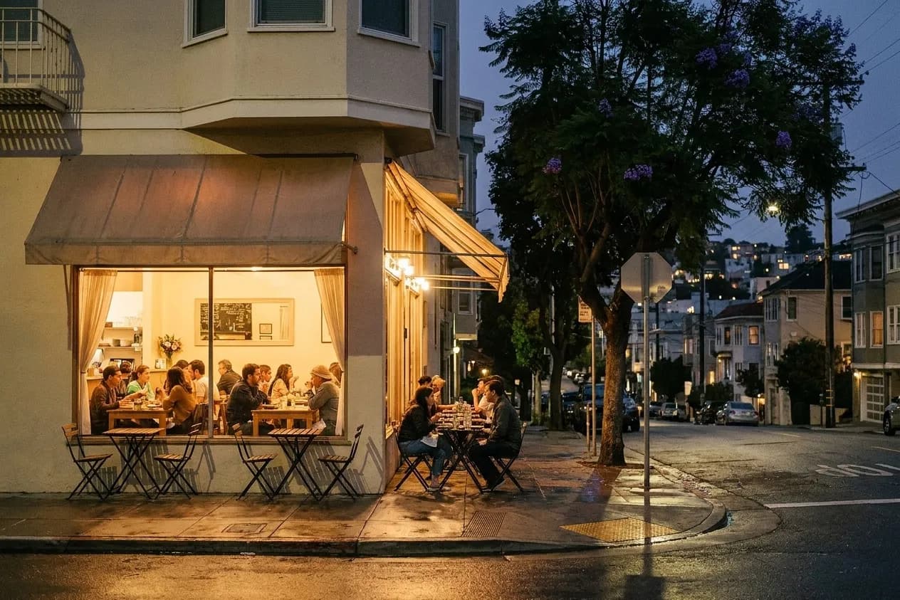 A small restaurant frontage after dark with a wide lit window, two sidewalk tables under an awning and a jacaranda at the kerb