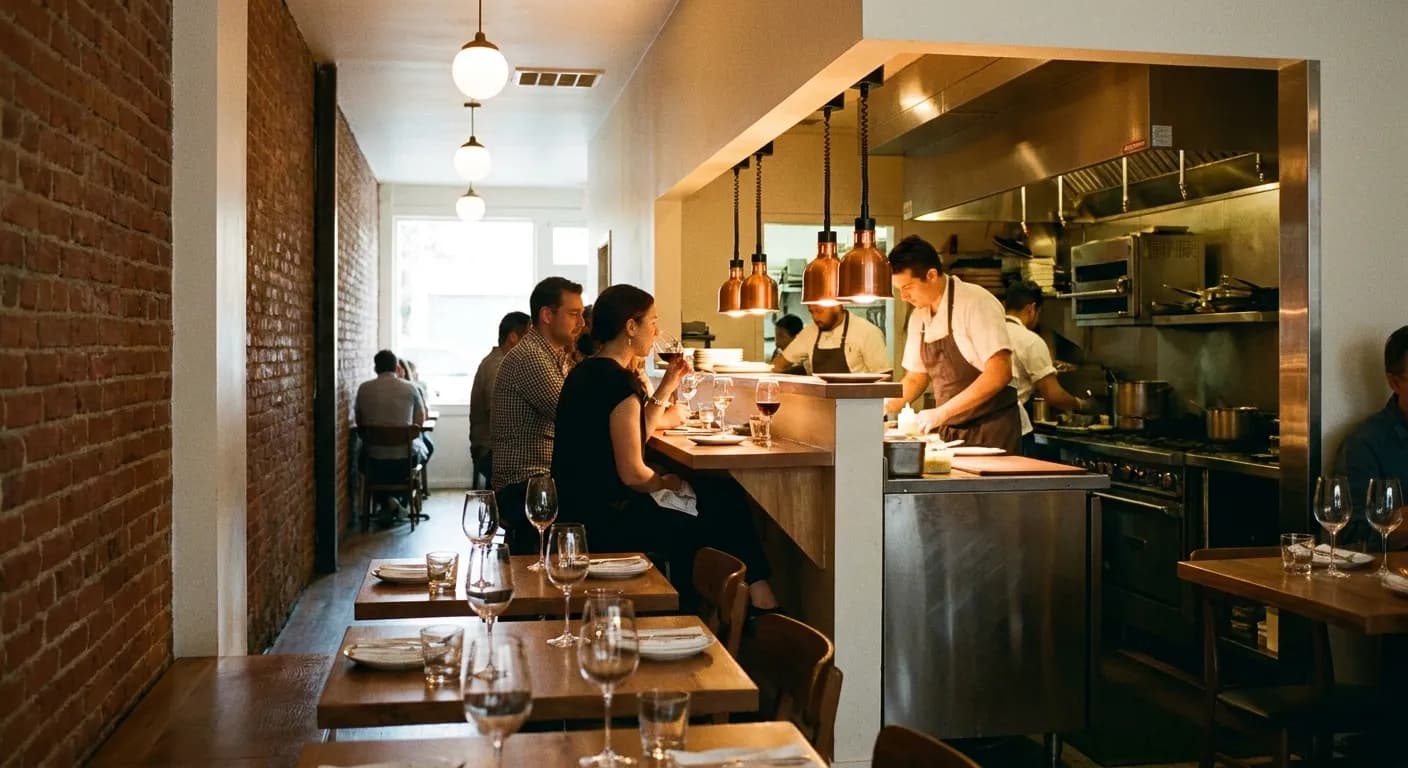 A small restaurant with an open kitchen along one side, three people at a counter facing the pass and cooks working under warm lamps