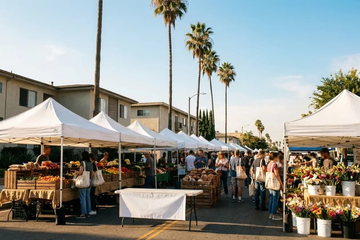 A neighbourhood farmers market on a Los Angeles street in the afternoon, a double row of white canopy stalls with produce and flowers, shoppers moving between them under palms and low apartment buildings