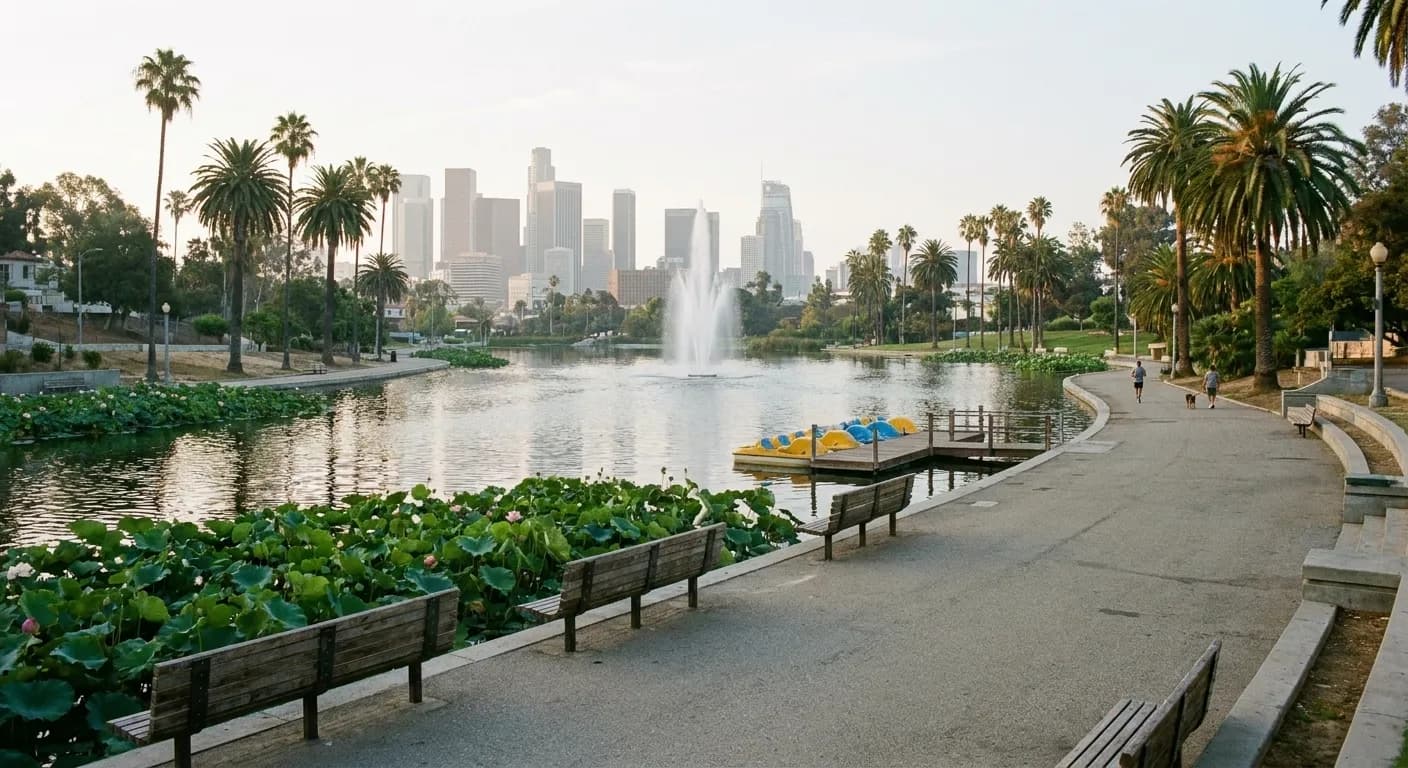 Echo Park Lake from the eastern path in the morning, the paved loop curving past benches and massed lotus pads with the fountain mid-lake, pedal boats at a dock and downtown hazy behind