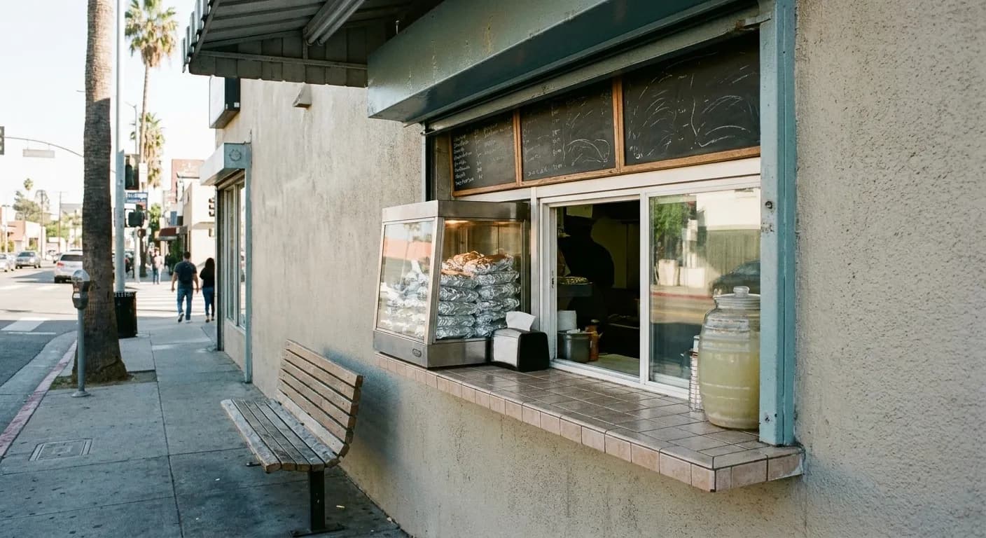 A walk-up food window on a Los Angeles corner in the morning, a tiled counter under a painted metal awning with foil-wrapped parcels in a warmer and a jug of aguas frescas on the ledge