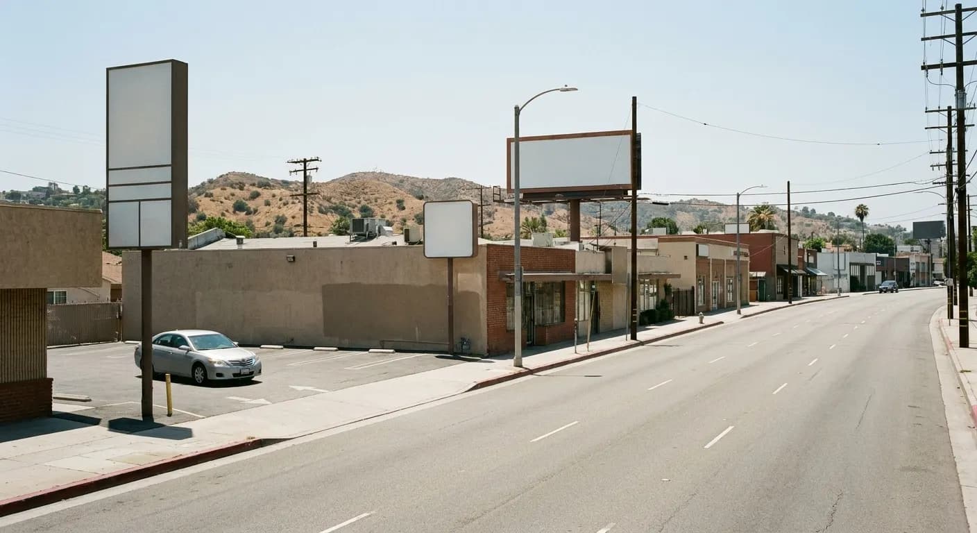 Glendale Boulevard in Los Angeles at midday, a wide road curving past low-rise commercial buildings and blank pylon signs, with dry hills visible beyond the rooftops under harsh sunlight