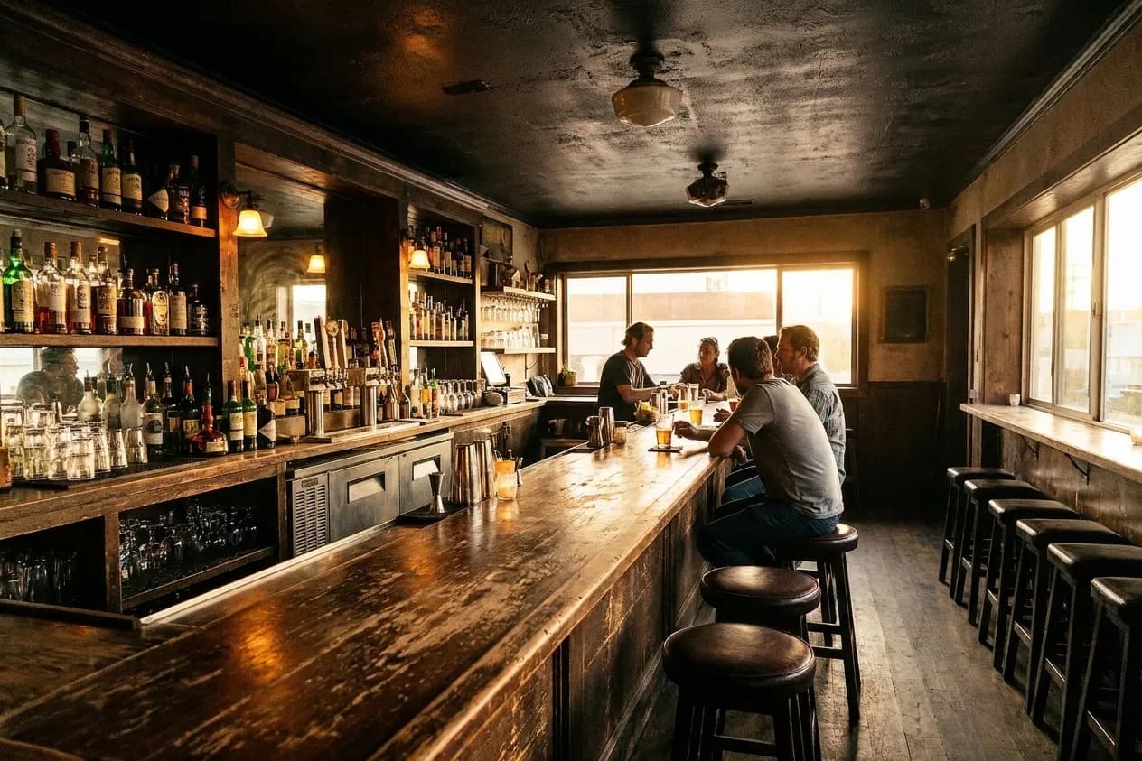 A narrow worn wooden bar counter with four occupied stools and warm evening light raking down its length from a window at the end