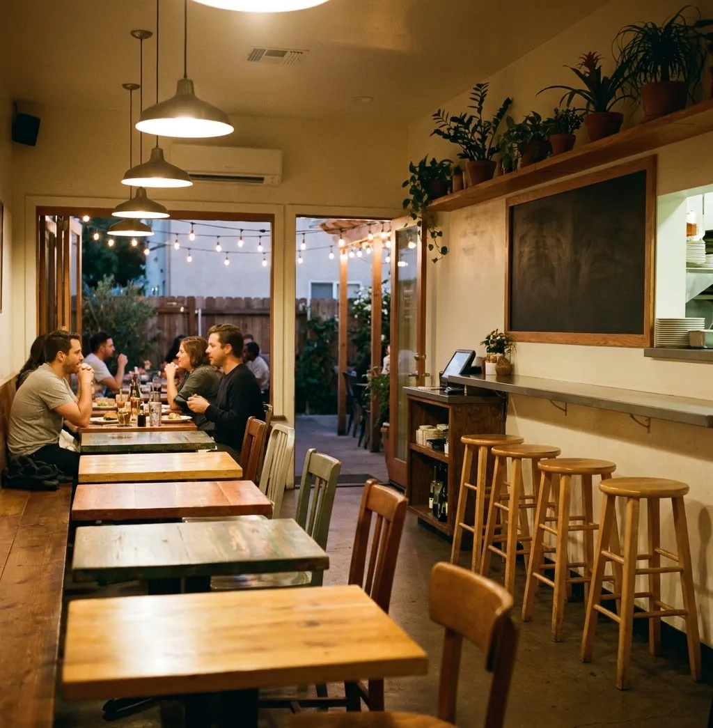 A casual Los Angeles neighbourhood restaurant in the evening with mismatched wooden tables, a counter of stools and a string-lit patio through the back door