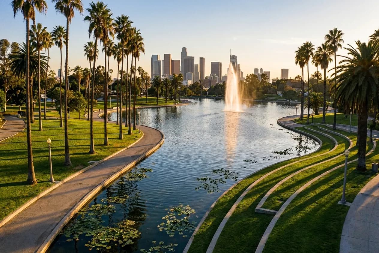 A paved path curving along an urban lake in a Los Angeles park, palms and a fountain in the middle distance with downtown towers on the horizon