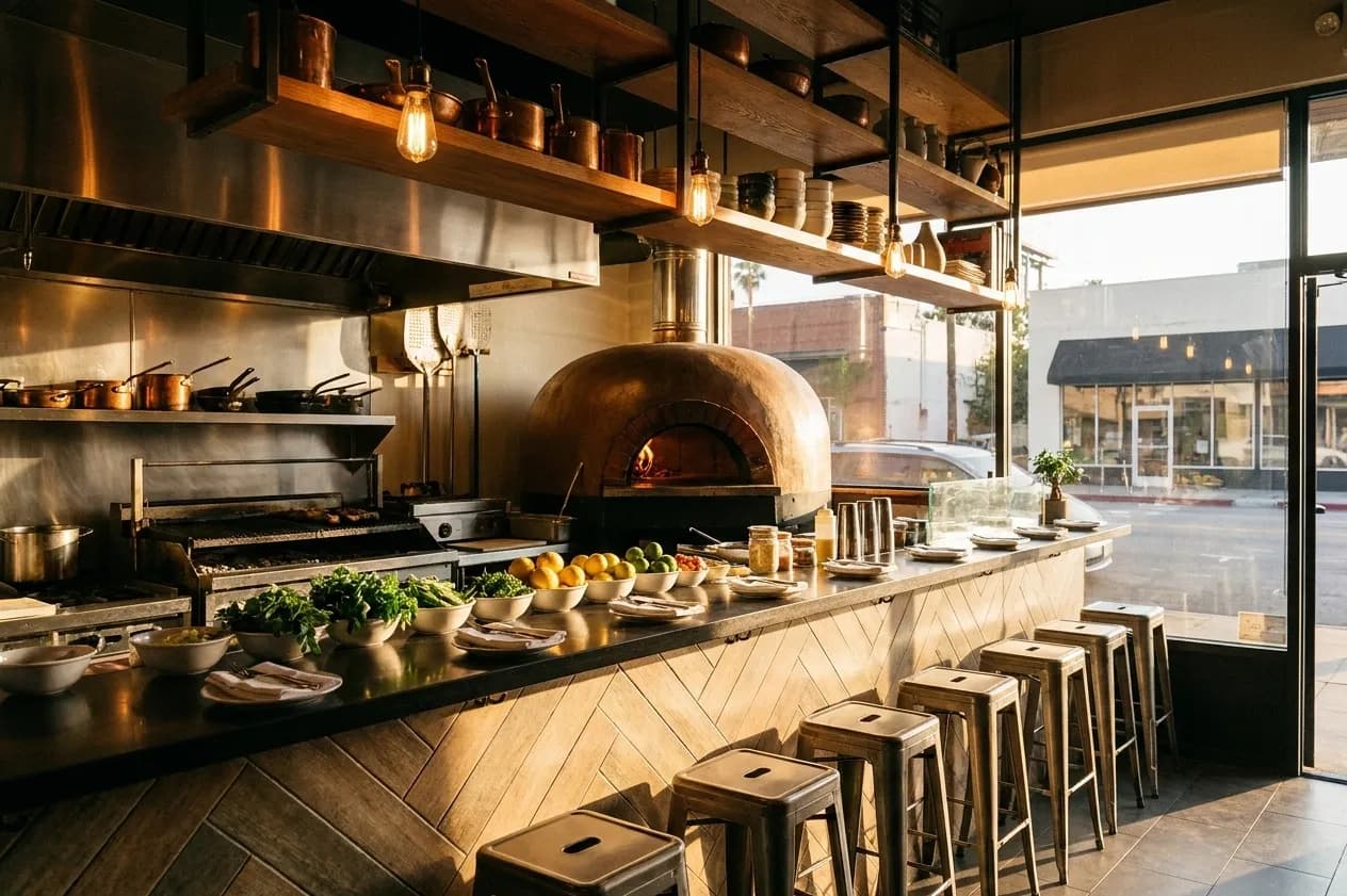 A small tiled open-kitchen pass with stools in front, a domed oven behind and bowls of prepped herbs and lemons along the counter edge