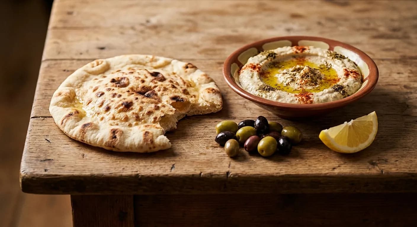 A blistered flatbread torn at one side beside a shallow bowl of oil-drizzled dip with olives and a lemon wedge on a wooden board